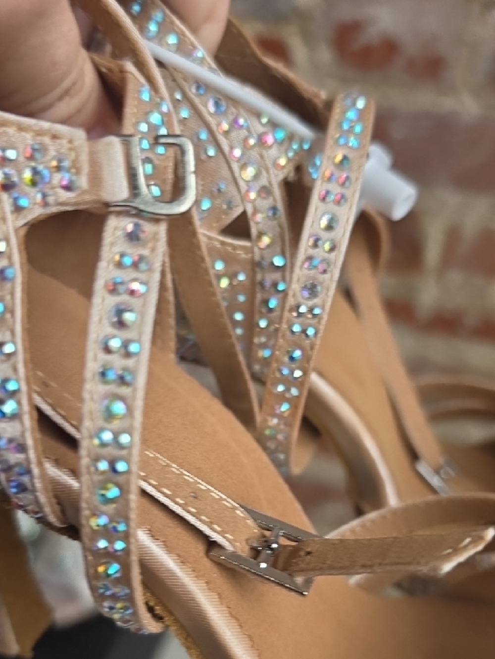 Crystal Embellished Tan Strappy Evening Heels - Picture 6 of 7